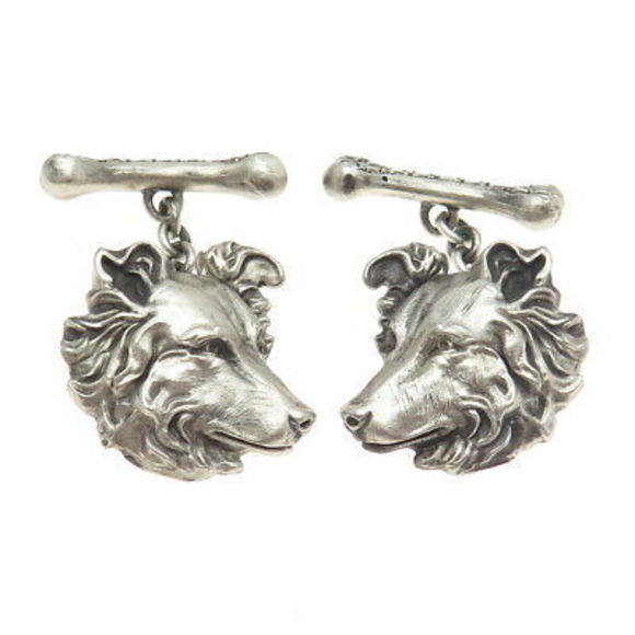 925 Sterling Silver Vintage Real Round-Cut Champagne Diamond Sheltie Cufflinks - Picture 4 of 7